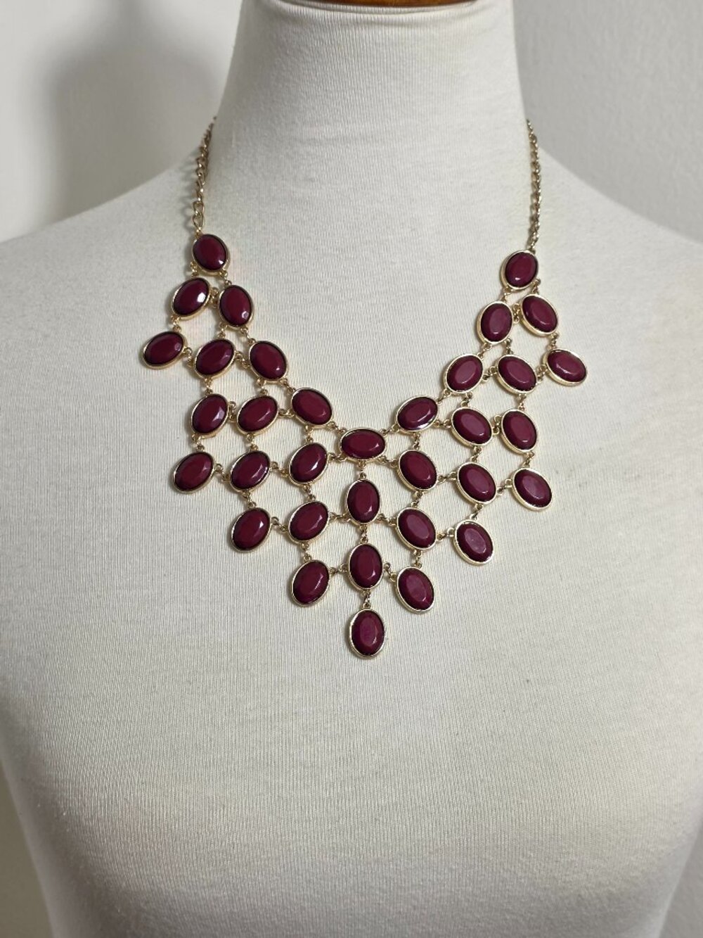 Gold Tone Statement Bib Necklace Cascading Burgundy Oval Shaped Cabochons